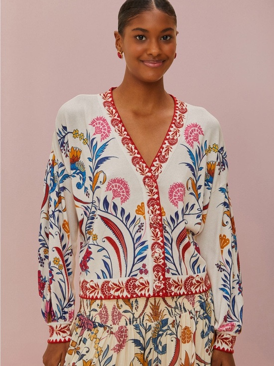 FARM Rio Sweaters - FARM Rio Ivory Cardigan with Red Trim and Pink Floral Accents